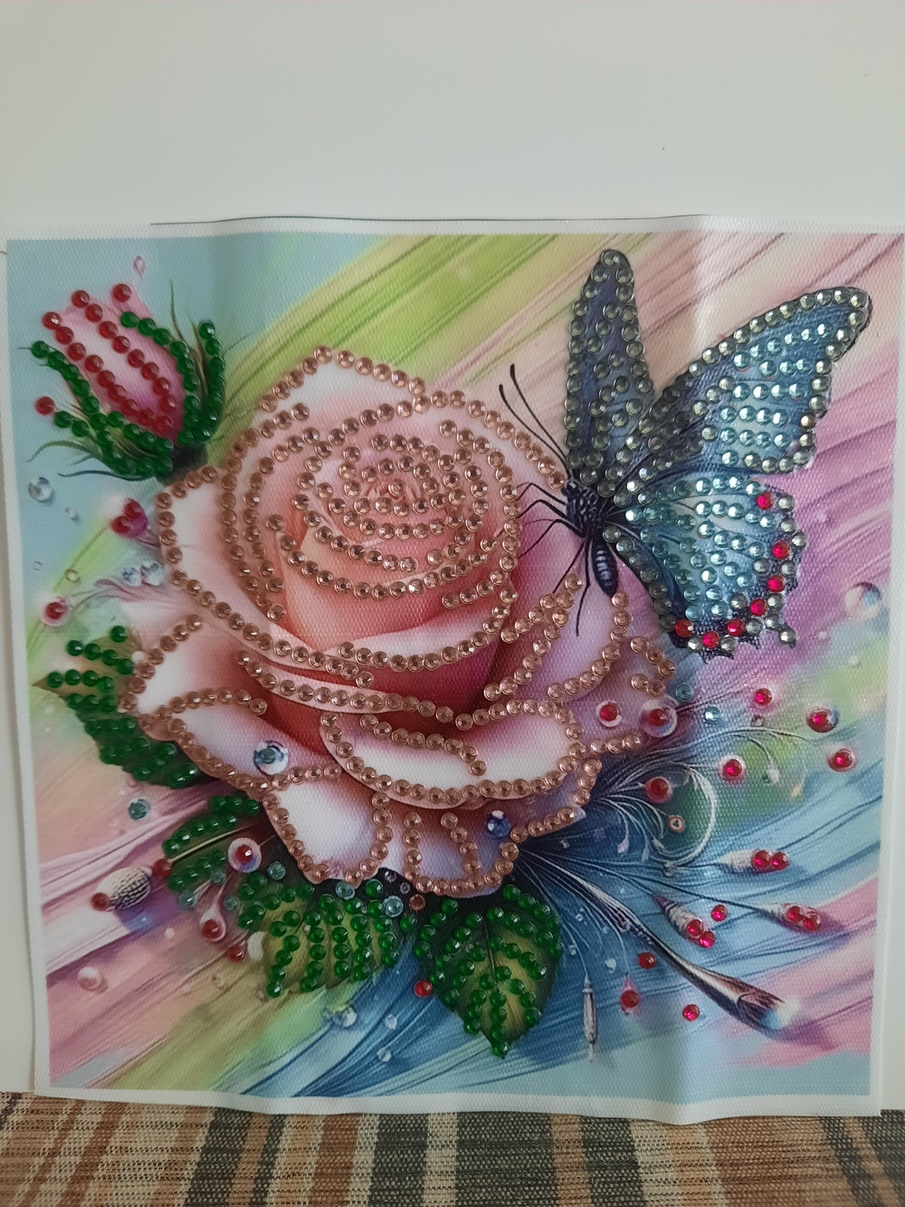 Handcrafted Pink Rose and Blue Butterfly Wall Art